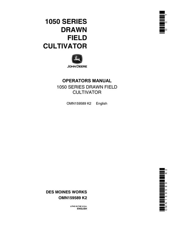 John Deere 1050 Series Drawn field cultivator Operator manual OMN159589 — actual manual cover