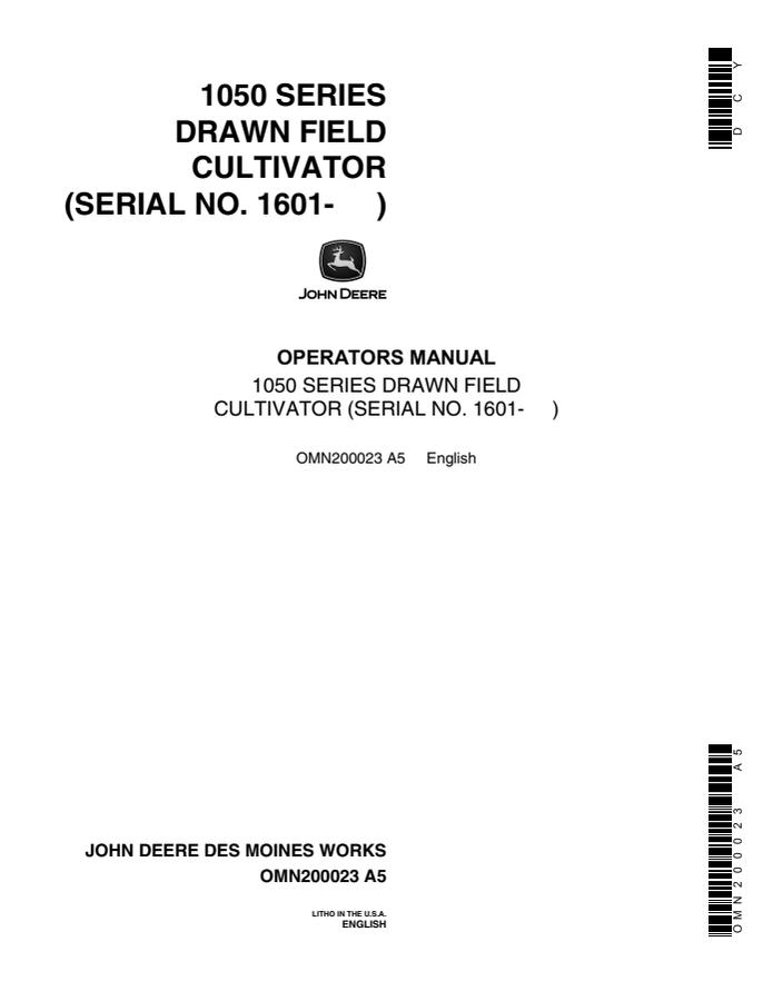 John Deere 1050 Series Drawn field cultivator Operator manual OMN200023 — actual manual cover