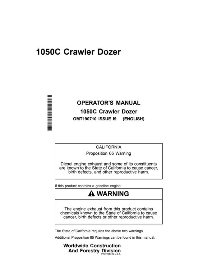 John Deere 1050C Crawler dozer Operator manual OMT190710 — actual manual cover