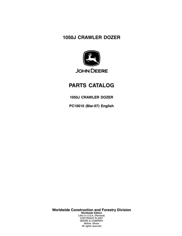 John Deere 1050J Crawler Dozer Parts Catalog — actual manual cover
