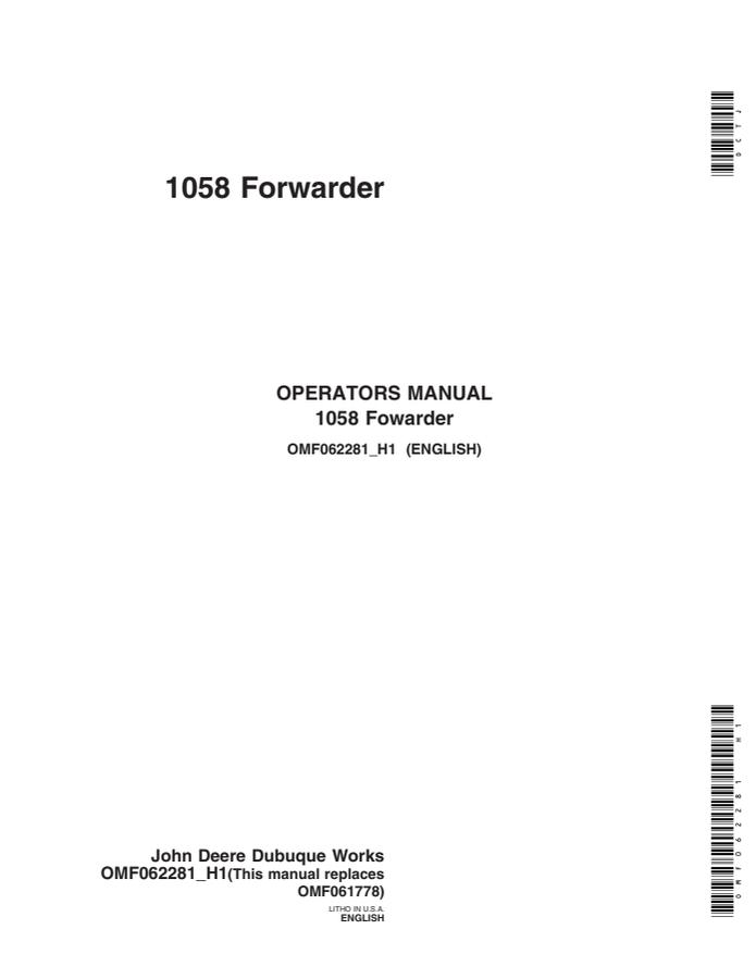 John Deere 1058 Forwarder Operator manual OMF062281 — actual manual cover