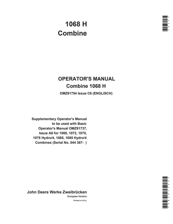 John Deere 1068H Combine Operator manual OMZ91754 — actual manual cover