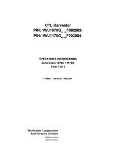 John Deere 1070G, 1170G Final Tier 4 CTL harvester Operator manual F703551 — actual manual cover