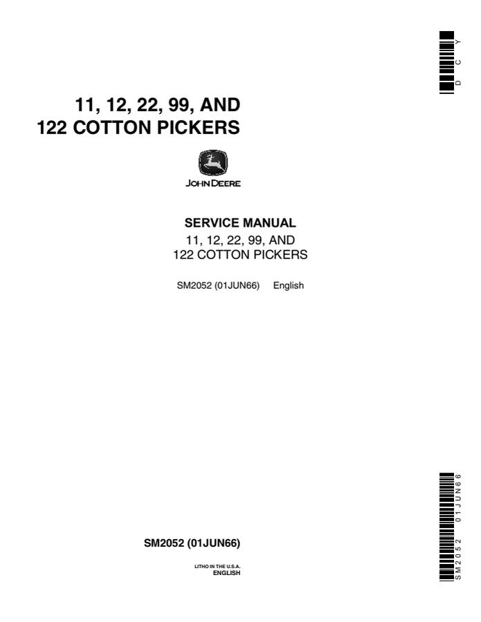 John Deere 11, 12, 22, 99, 122 Cotton picker Service manual — actual manual cover