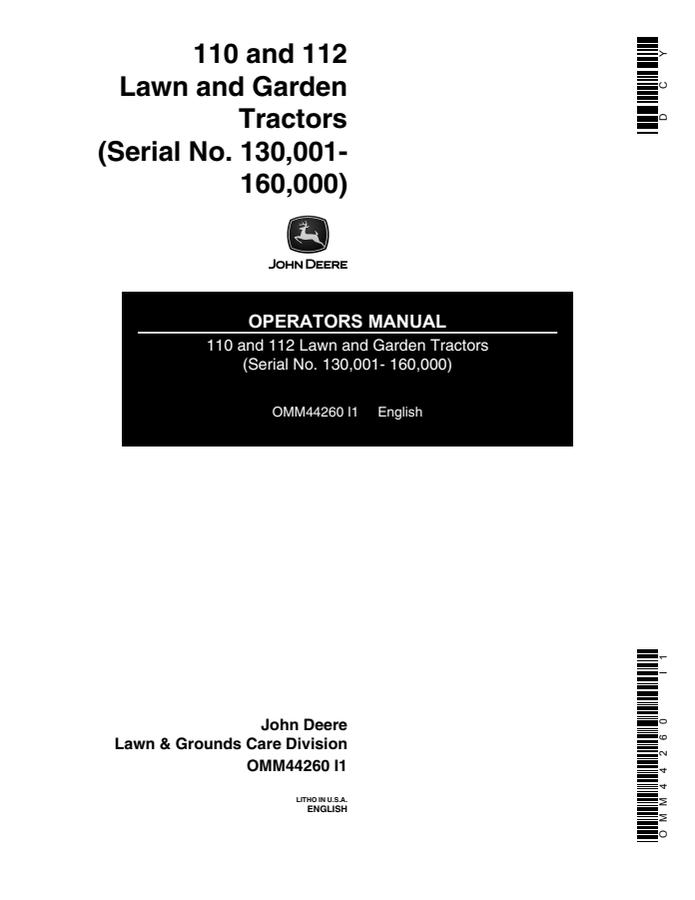 John Deere 110, 112 Lawn and garden tractor Operator manual OMM44260 — actual manual cover