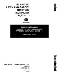 John Deere 110, 112 Lawn and garden tractor Operator manual OMM45039 — actual manual cover