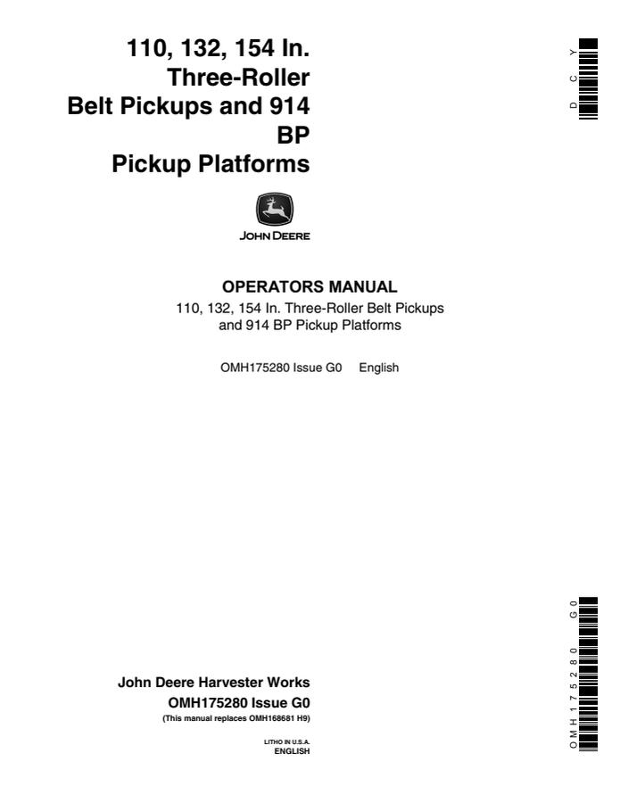 John Deere 110, 132, 154 inch belt pickups; 914 BP pickup platforms Pickup header Operator manual OMH175280 — actual manual cover