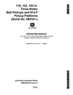 John Deere 110, 132, 154 inch belt pickups; 914 P pickup platforms Pickup header Operator manual OMH202757 — actual manual cover