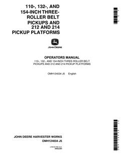 John Deere 110-, 132-, 154-inch Three-Roller; 212, 214 Belt pickup/platform Operators manual OMH124034 — actual manual cover