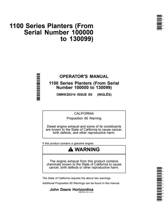 John Deere 1100 Series Planter Operator manual OMKK20314 — actual manual cover