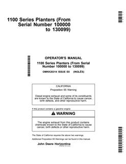 John Deere 1100 Series Planter Operator manual OMKK20314 — actual manual cover