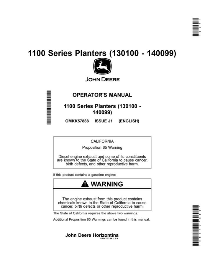 John Deere 1100 Series Planter Operator manual OMKK57888 — actual manual cover