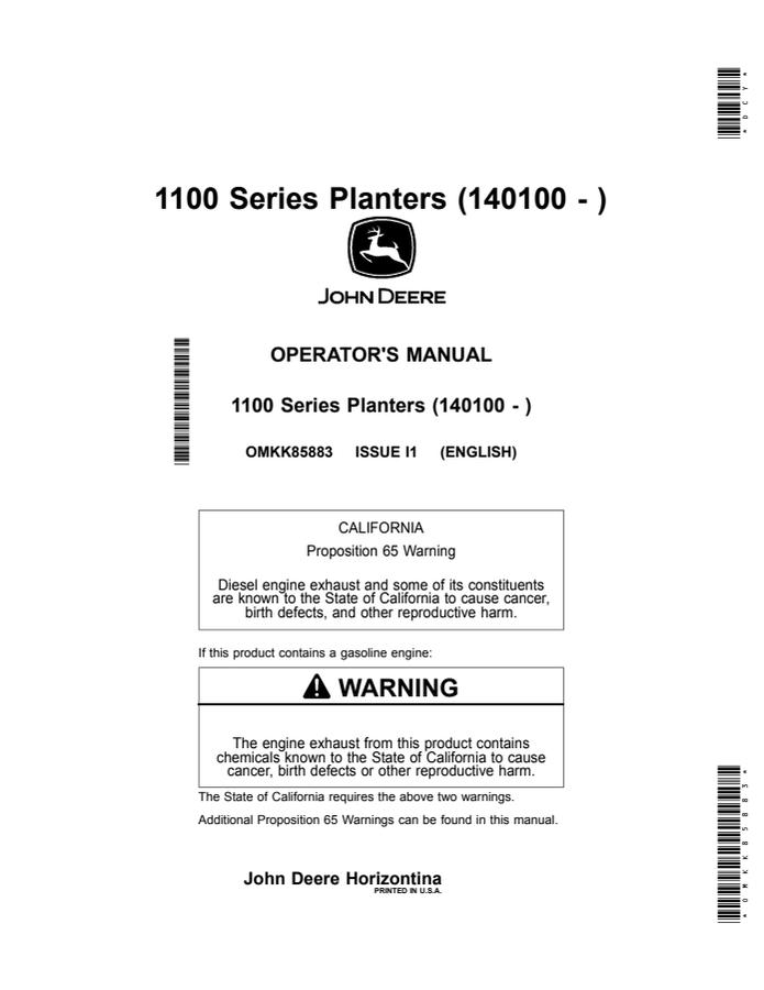 John Deere 1100 Series Planter Operator manual OMKK85883 — actual manual cover