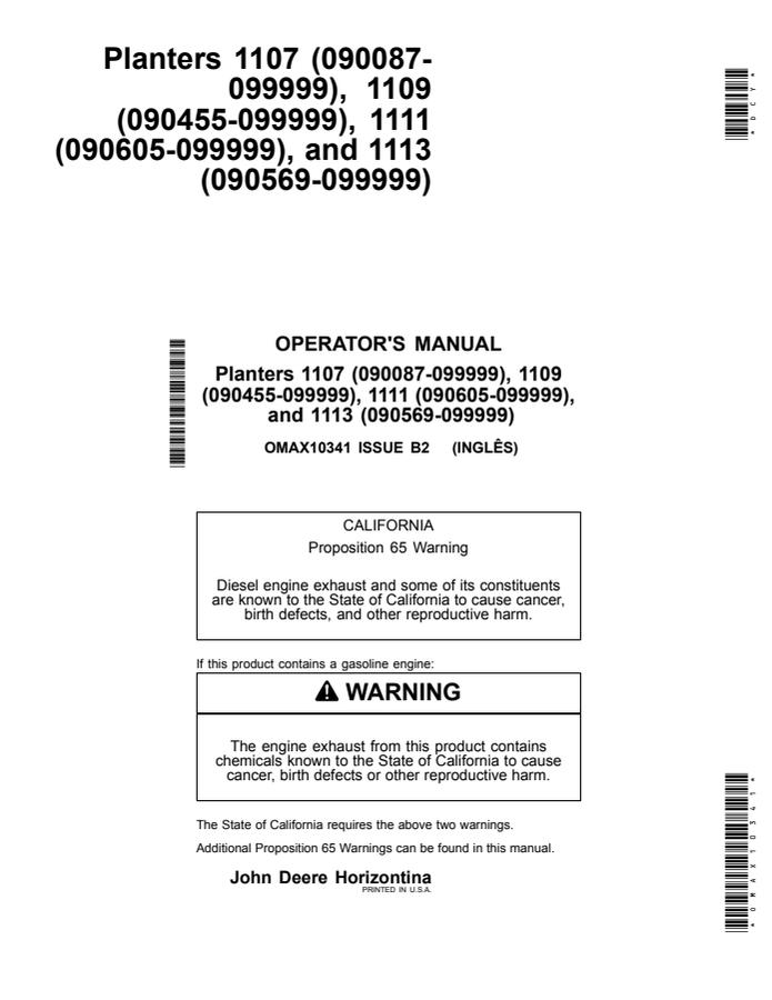 John Deere 1107, 1109, 1111, 1113 Planter Operator manual OMAX10341 — actual manual cover