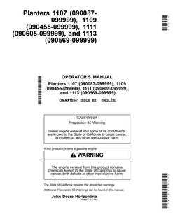 John Deere 1107, 1109, 1111, 1113 Planter Operator manual OMAX10341 — actual manual cover