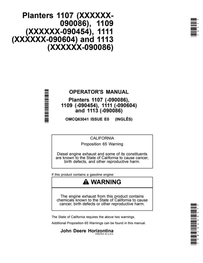John Deere 1107, 1109, 1111, 1113 Planter Operator manual OMCQ63041 — actual manual cover