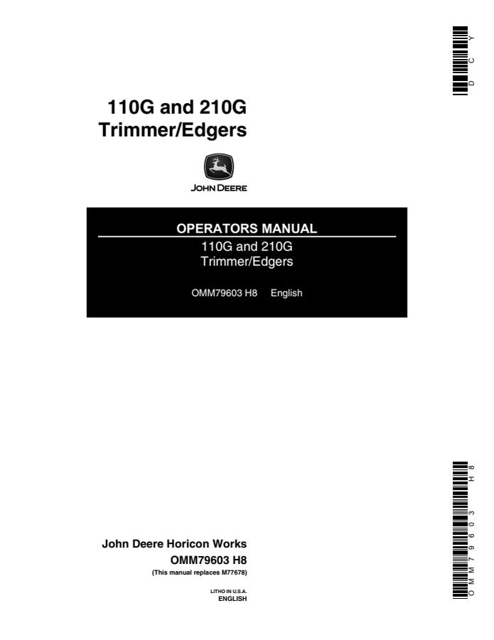 John Deere 110G, 210G Trimmer/edger Operator manual OMM79603 — actual manual cover
