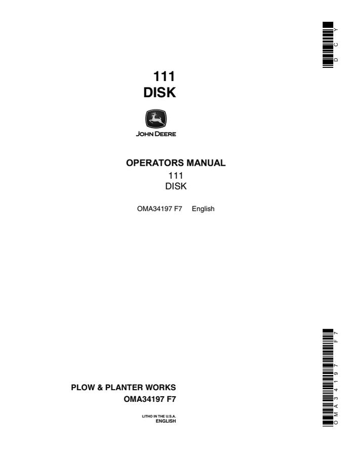 John Deere 111 Disk Operator manual OMA34197 — actual manual cover