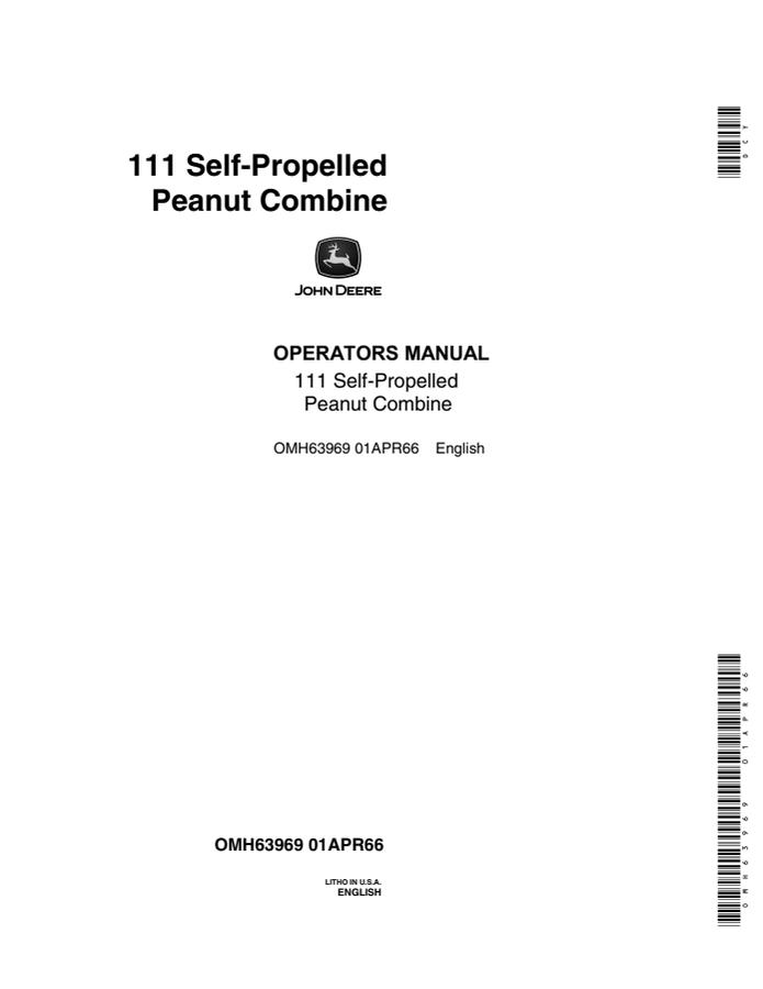 John Deere 111 Self-propelled peanut combine Operator manual OMH63969 — actual manual cover