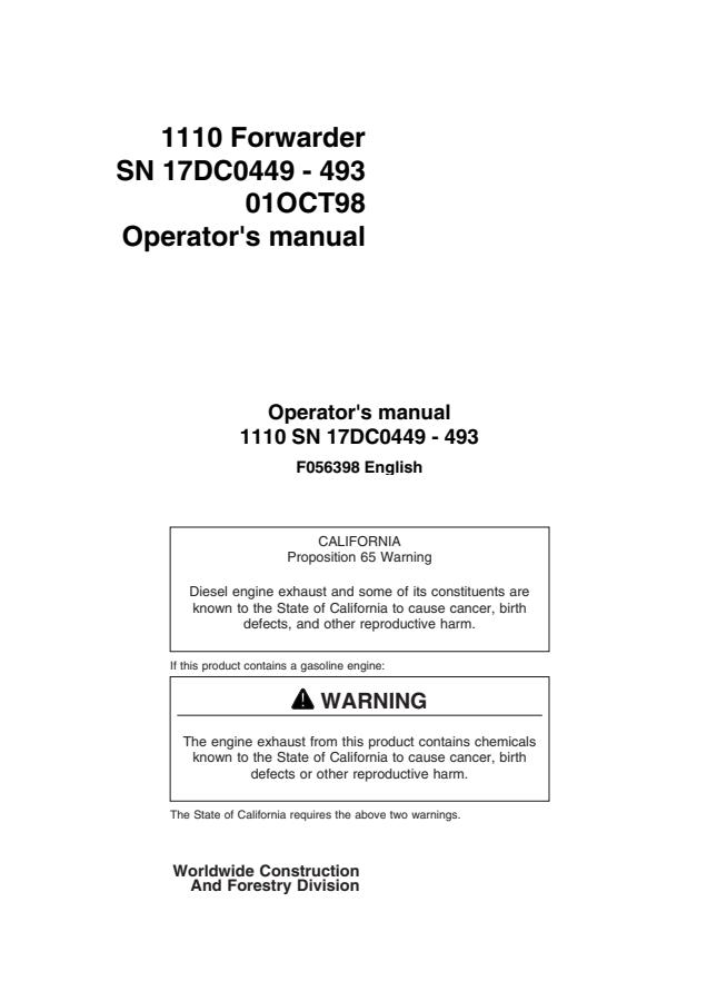 John Deere 1110 Forwarder Operator Manual F056398 — actual manual cover