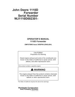 John Deere 1110D Forwarder Operator manual OMF070966 — actual manual cover