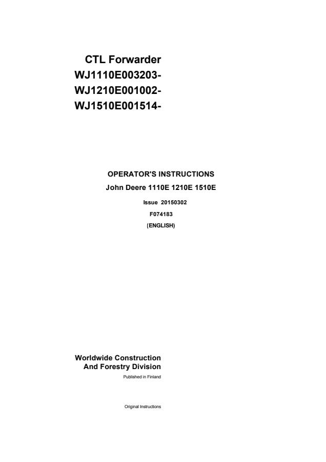 John Deere 1110E, 1210E, 1510E CTL forwarder Operator instructions F074183 — actual manual cover