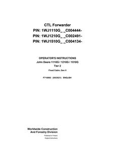 John Deere 1110G, 1210G, 1510G Tier 2 Fixed Cabin Gen II CTL forwarder Operator instructions F710893 — actual manual cover