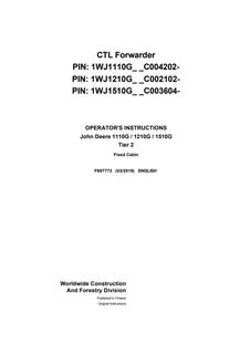 John Deere 1110G, 1210G and 1510G Tier 2 CTL Forwarder Operator's Instructions — actual manual cover
