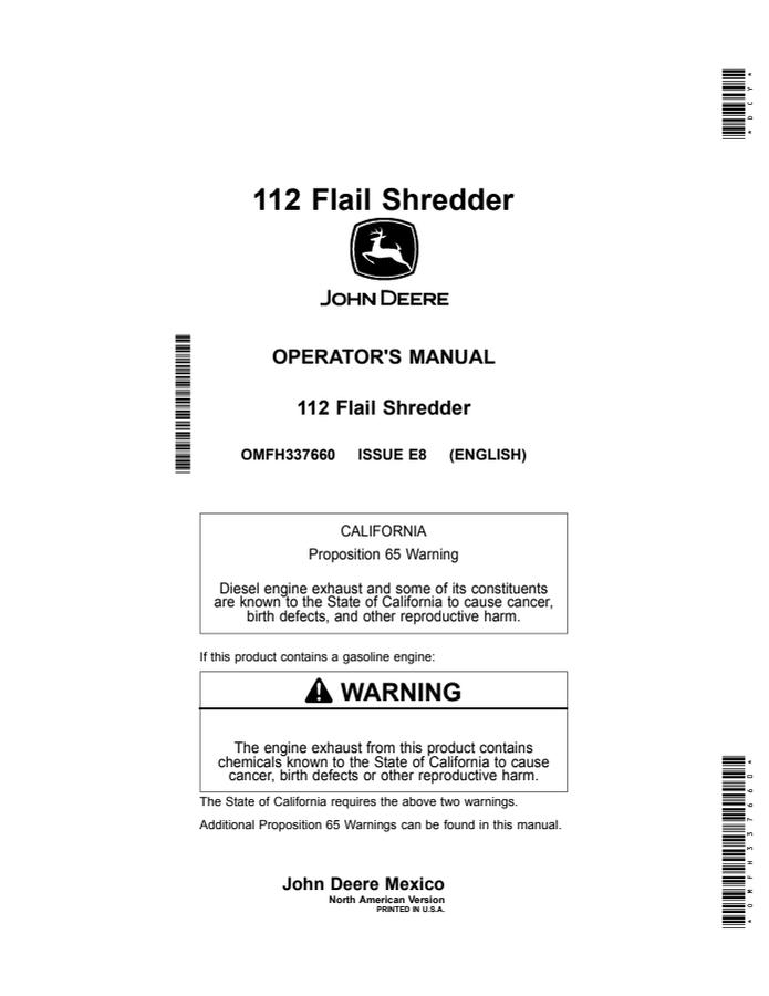 John Deere 112 Flail shredder Operator manual OMFH337660 — actual manual cover