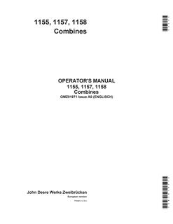 John Deere 1155, 1157, 1158 Combine Operator manual OMZ91971 — actual manual cover