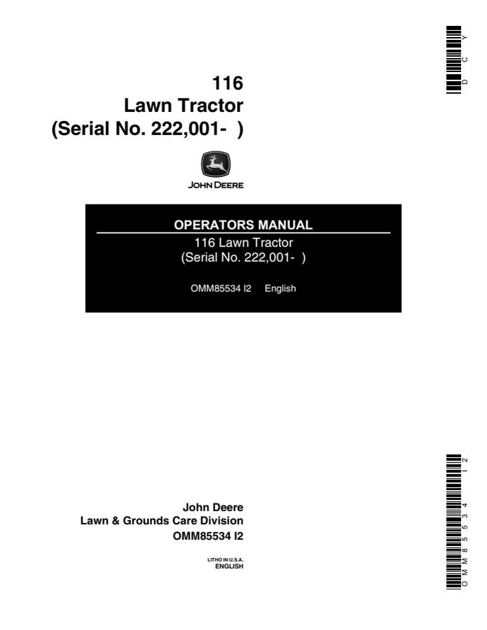 John Deere 116 Lawn tractor Operator manual OMM85534 — actual manual cover