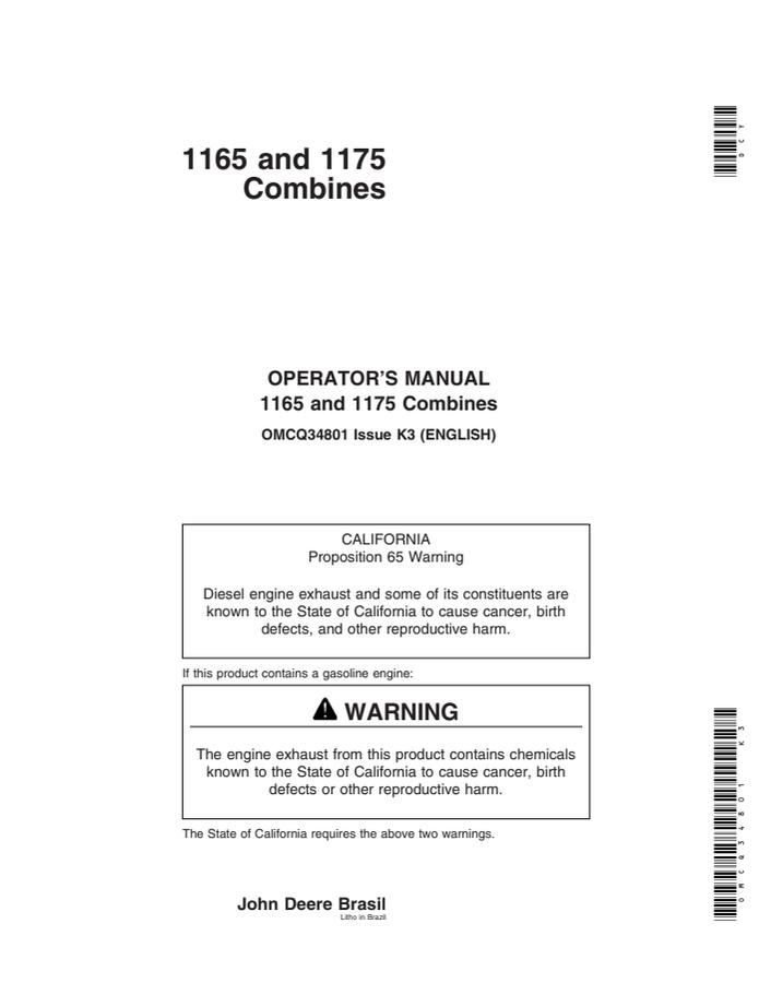 John Deere 1165, 1175 Combine Operator manual OMCQ34801 — actual manual cover