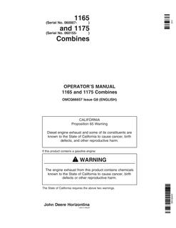 John Deere 1165, 1175 Combine Operator manual OMCQ66657 — actual manual cover