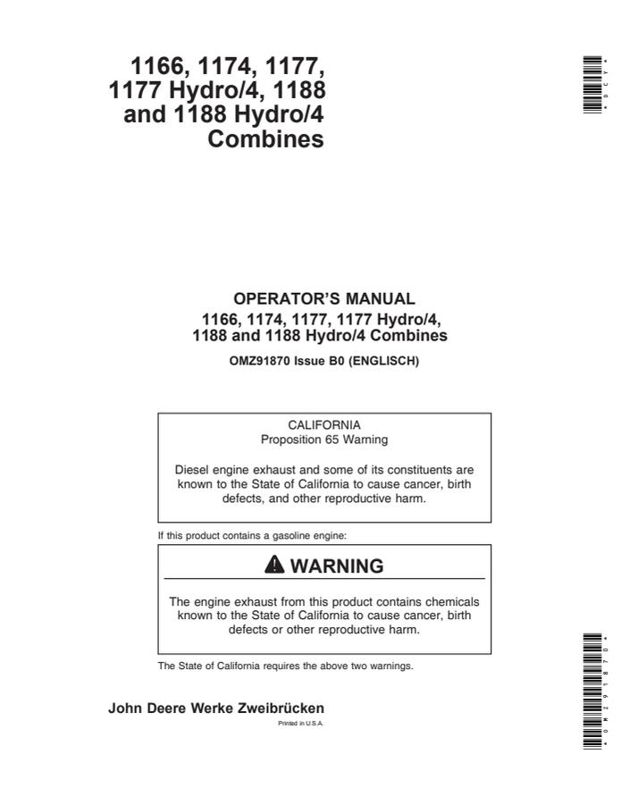 John Deere 1166, 1174, 1177, 1177 Hydro/4, 1188, 1188 Hydro/4 Combine Operator manual OMZ91870 — actual manual cover