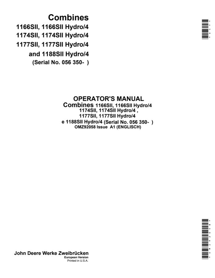 John Deere 1166SII, 1174SII, 1177SII, 1188SII Hydro/4 variants Combine Operator manual OMZ92058 — actual manual cover