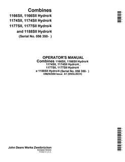 John Deere 1166SII, 1174SII, 1177SII, 1188SII Hydro/4 variants Combine Operator manual OMZ92058 — actual manual cover
