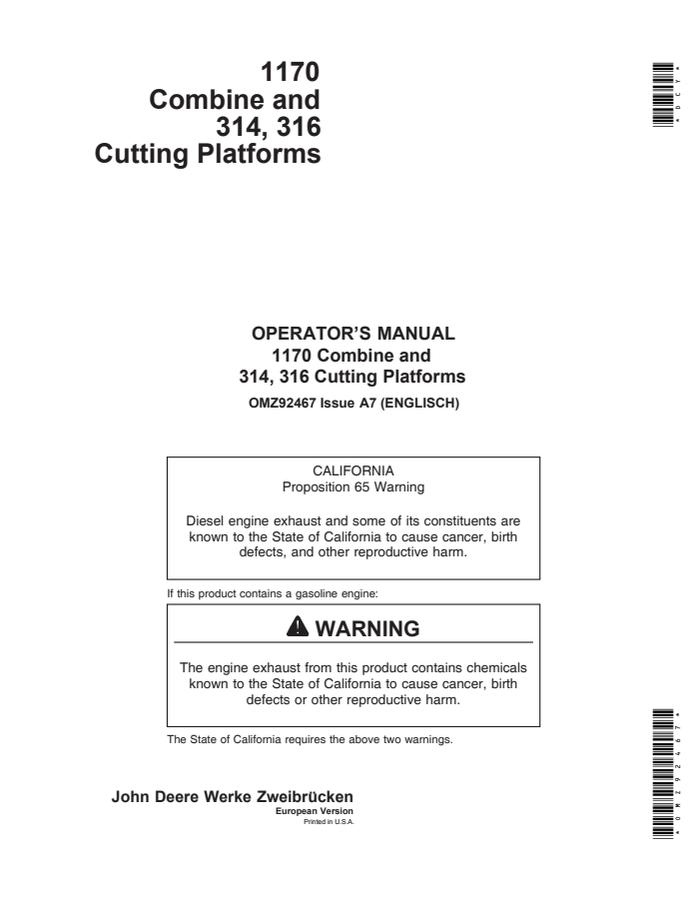 John Deere 1170 Combine and 314, 316 Cutting Platforms Operator manual — actual manual cover