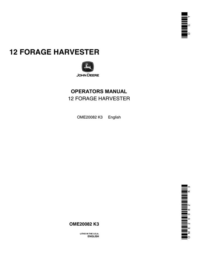 John Deere 12 Forage Harvester Operator Manual OME20082 — actual manual cover
