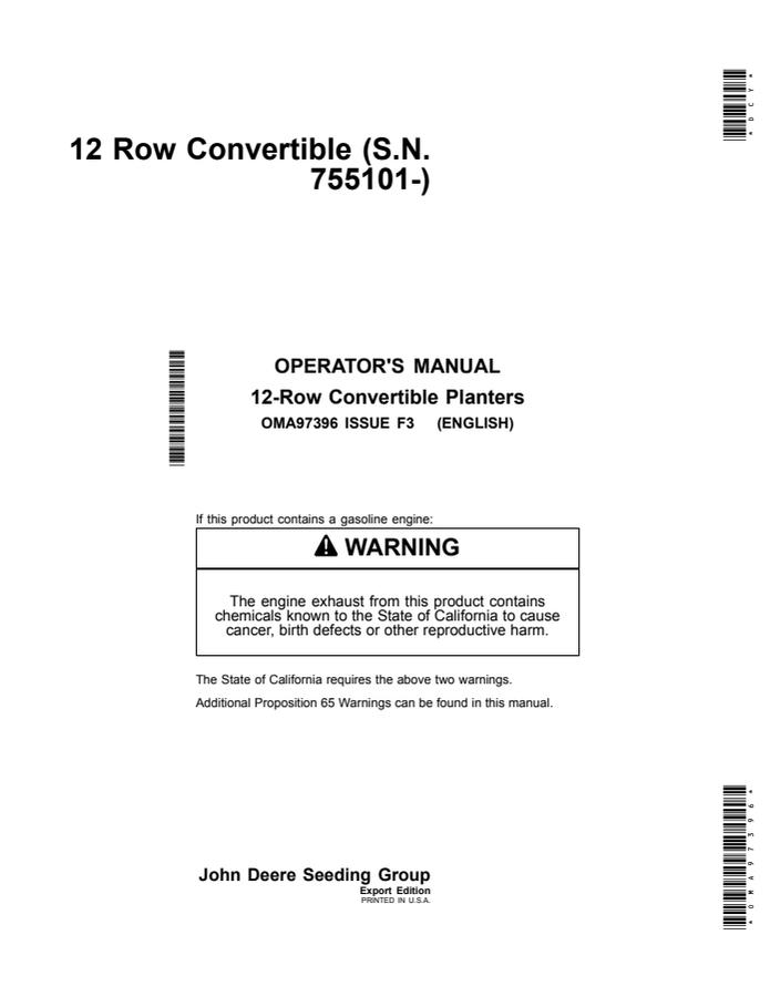 John Deere 12-Row Convertible Planter Operator manual OMA97396 — actual manual cover