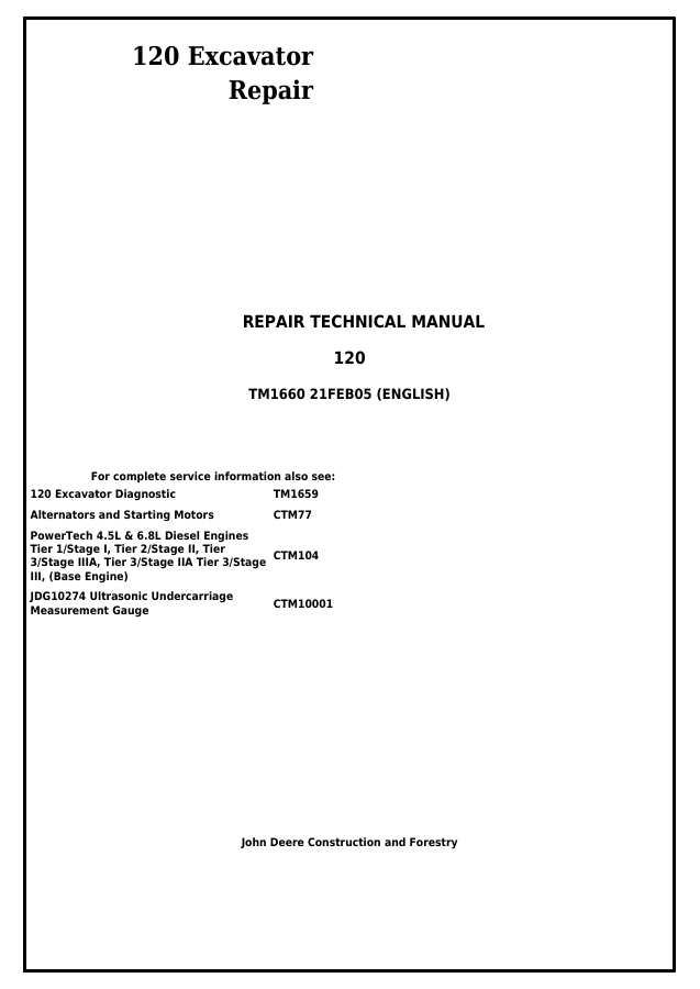 John Deere 120 Excavator Repair Technical Manual (TM1660) — actual manual cover