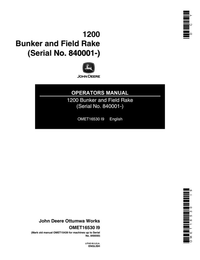 John Deere 1200 Bunker and Field Rake Bunker and field rake Operator manual OMET16530 — actual manual cover