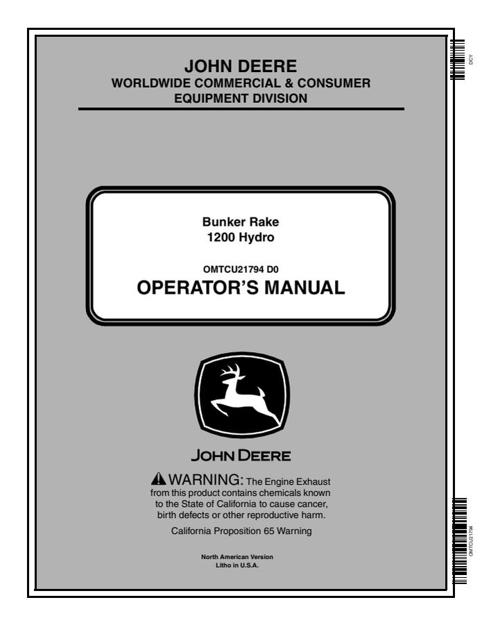 John Deere 1200 Hydro Bunker Rake Bunker rake Operator manual OMTCU21794 — actual manual cover