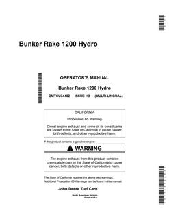 John Deere 1200 Hydro Bunker Rake Bunker rake Operator manual OMTCU34402 — actual manual cover