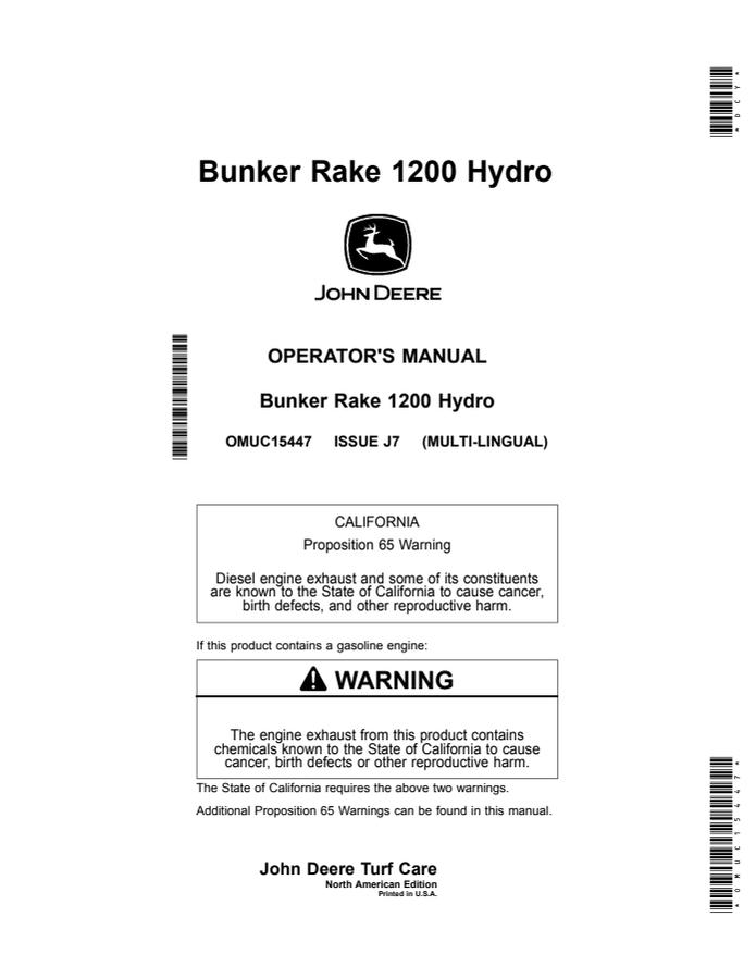 John Deere 1200 Hydro Bunker Rake Bunker rake Operator manual OMUC15447 — actual manual cover