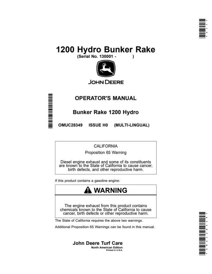John Deere 1200 Hydro Bunker Rake Bunker rake Operator manual OMUC28349 — actual manual cover