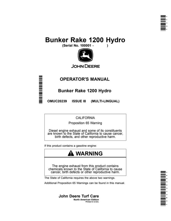 John Deere 1200 Hydro Bunker rake Operator manual OMUC20239 — actual manual cover