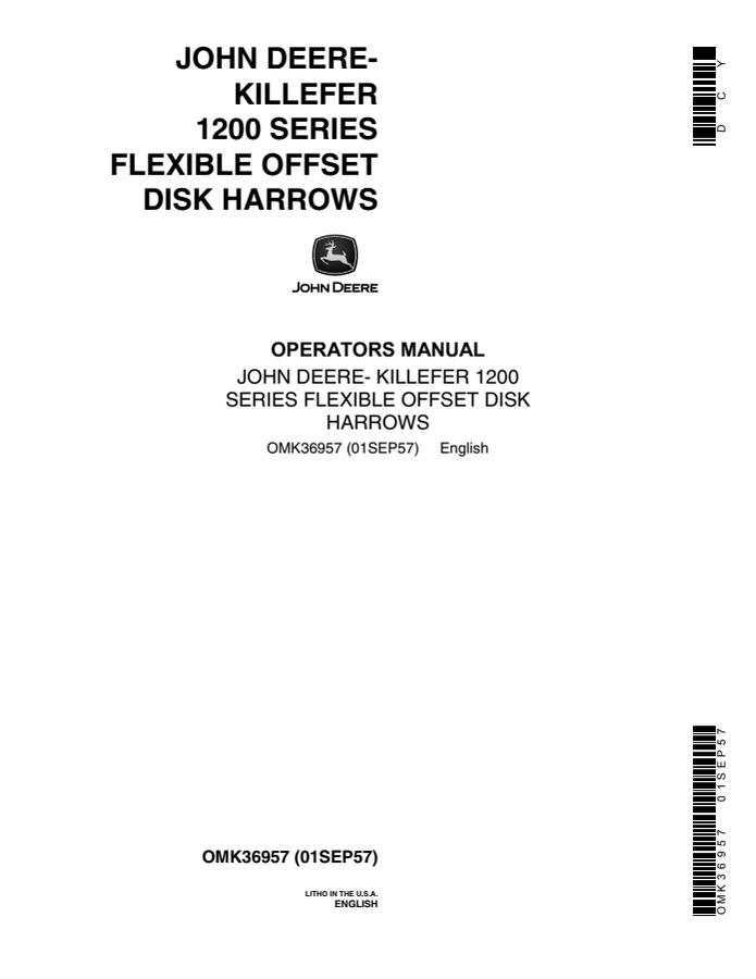 John Deere 1200 Series Disk harrow Operator manual OMK36957 — actual manual cover