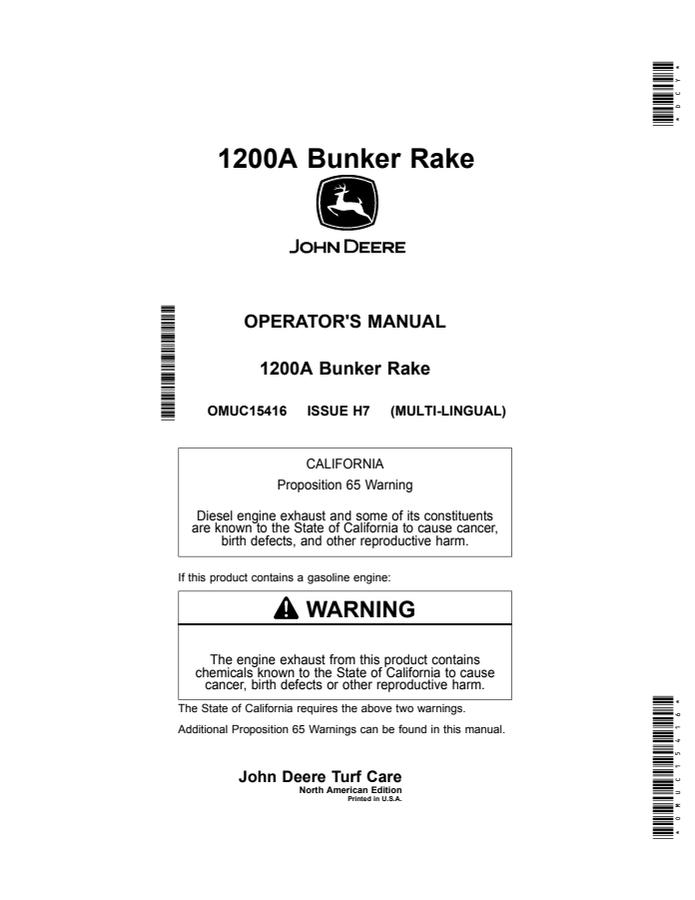 John Deere 1200A Bunker Rake Bunker rake Operator manual OMUC15416 — actual manual cover