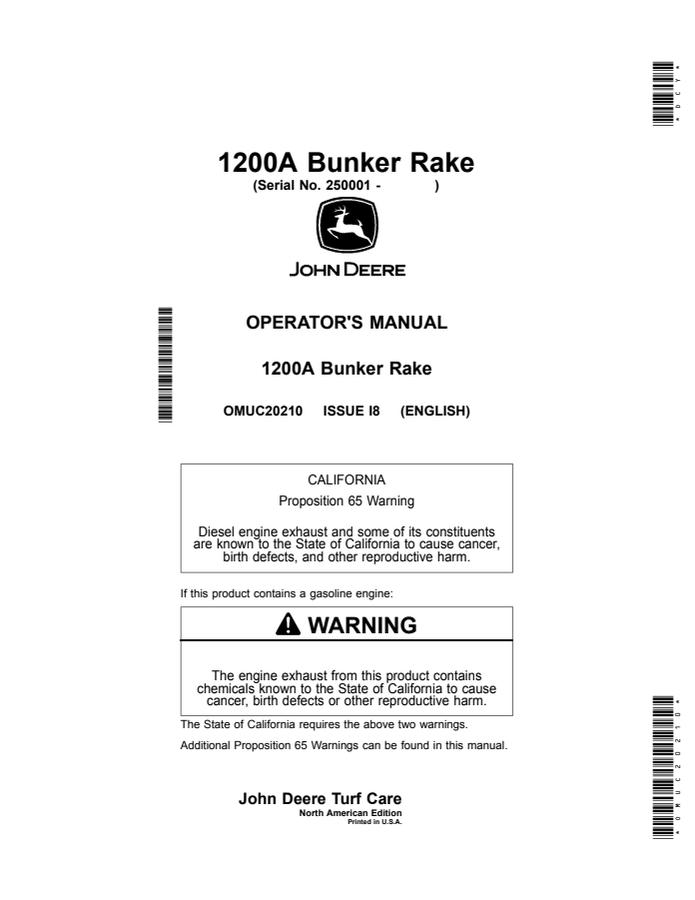 John Deere 1200A Bunker Rake Bunker rake Operator manual OMUC20210 — actual manual cover