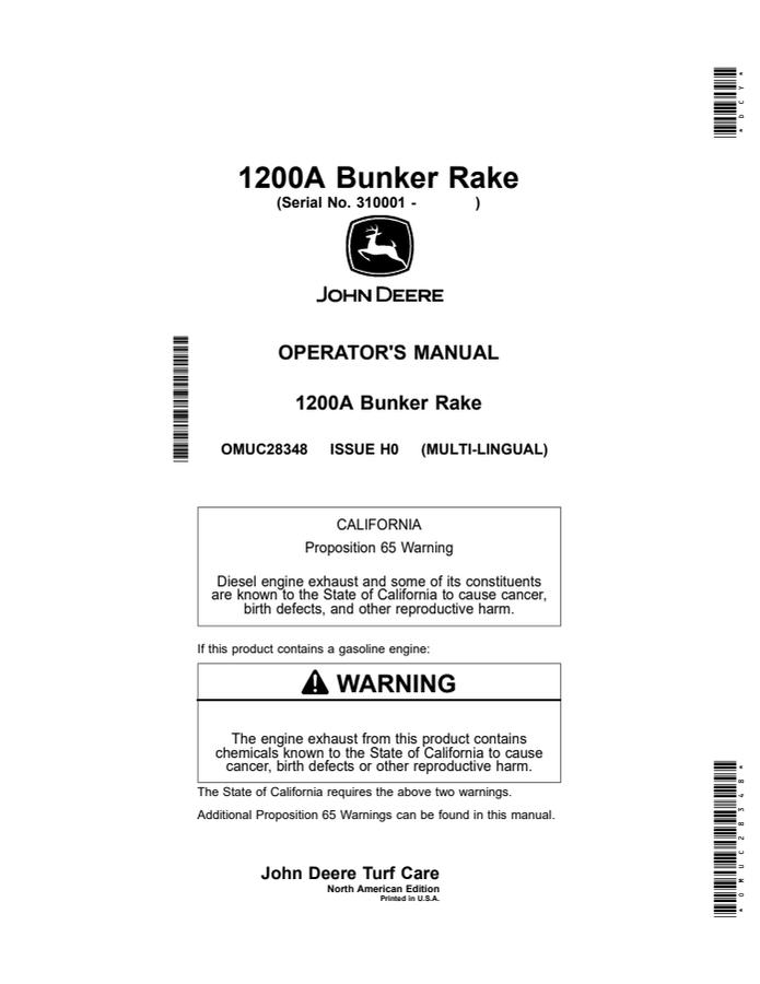 John Deere 1200A Bunker Rake Bunker rake Operator manual OMUC28348 — actual manual cover